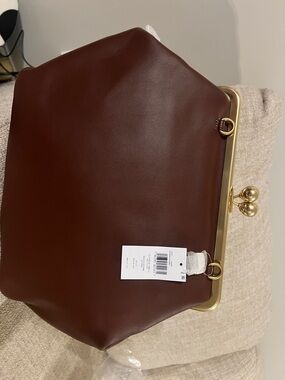 Coach Brown Leather Kiss-Lock Frame Clutch with Gold Hardware